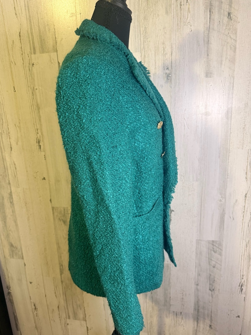 Dennis by Dennis Basso Teal Green Bouclé Tweed Double Breasted Blazer Sz 6 - Picture 4 of 8